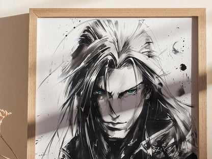 A framed black and white illustration of a character with long hair and piercing eyes, featuring dynamic brush strokes.