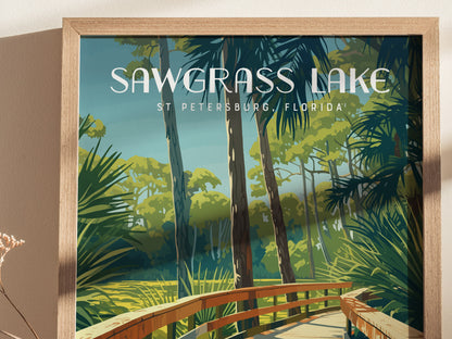 A framed poster of Sawgrass Lake in St. Petersburg, Florida, featuring a wooden boardwalk surrounded by lush greenery and tall trees under a clear blue sky.