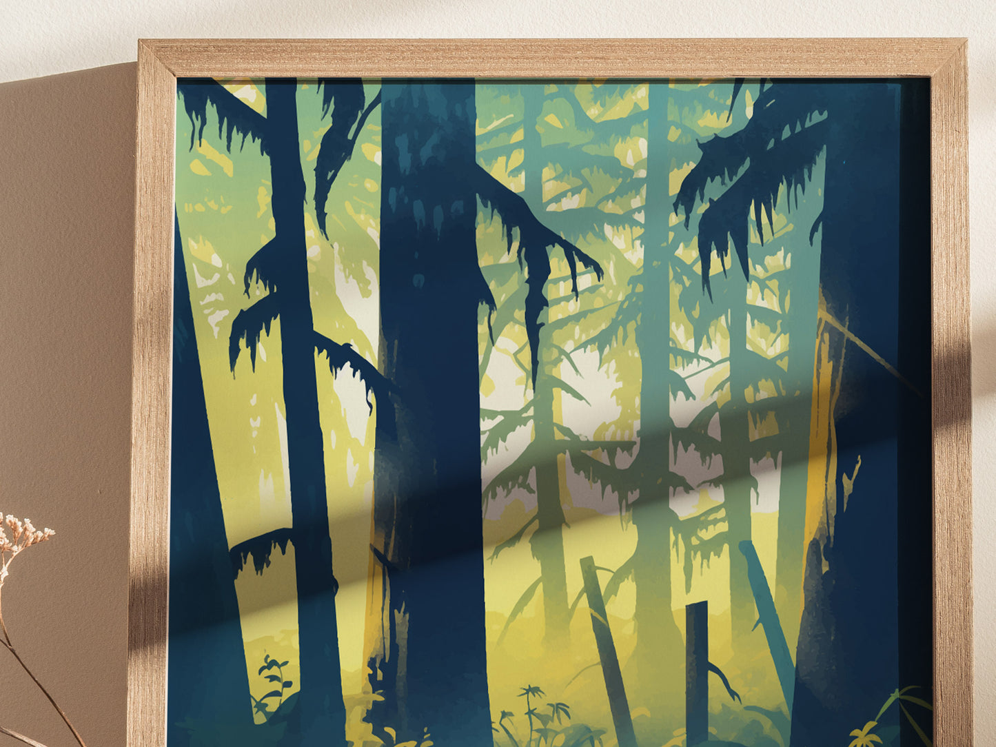 A framed illustration of a lush forest scene with tall trees and dense foliage, featuring vibrant greens and deep shadows. Sunlight filters through the canopy, creating a tranquil atmosphere.