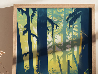 A framed illustration of a lush forest scene with tall trees and dense foliage, featuring vibrant greens and deep shadows. Sunlight filters through the canopy, creating a tranquil atmosphere.