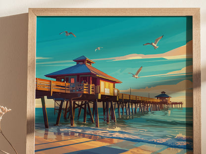 A framed poster depicting the Fort Myers Beach Pier at sunrise, featuring seagulls flying over calm ocean waves under a vibrant sky.