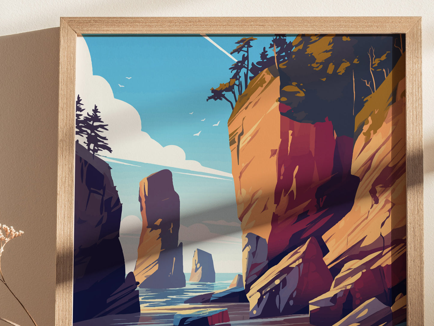 Framed poster depicting tall, colorful rock formations and cliffs with trees against a bright blue sky. The scene features a serene coastal landscape with scattered white birds.