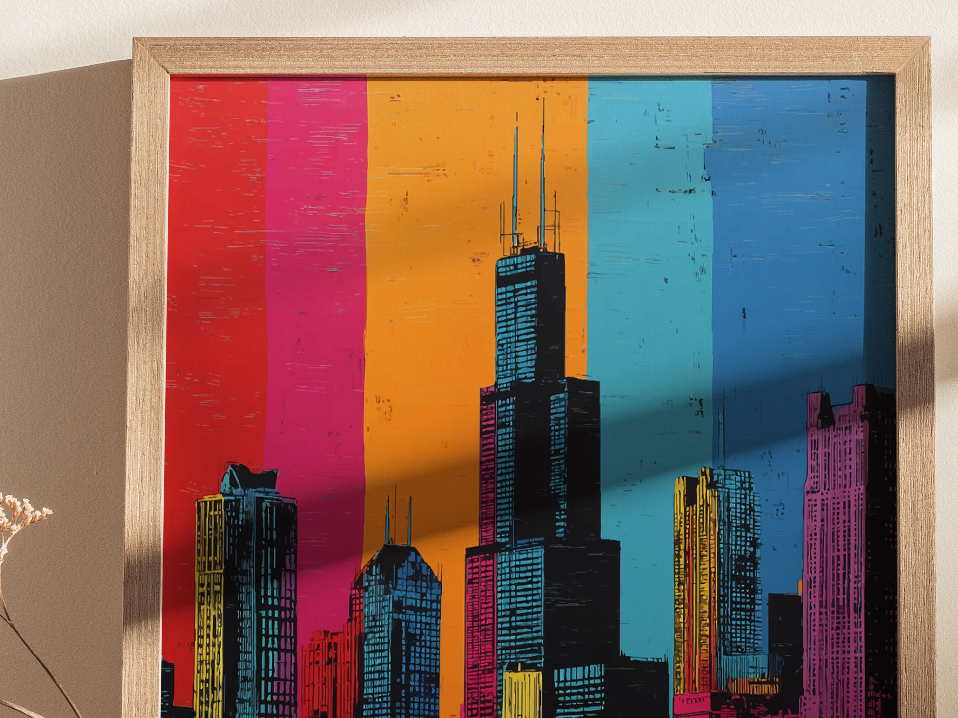 Chicago Skyline Pop Art Poster | Warhol Style Illinois Travel Print | Framed or Unframed