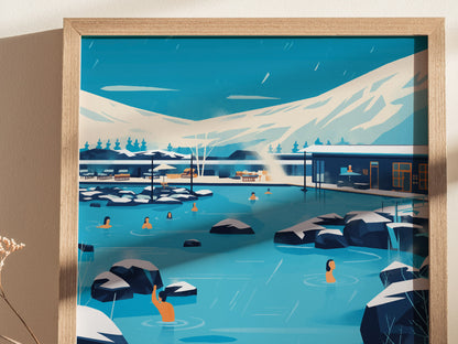Illustrated poster of a geothermal spa with people swimming in milky blue water surrounded by black lava rocks. Snowy mountains and a modern building are visible in the background.