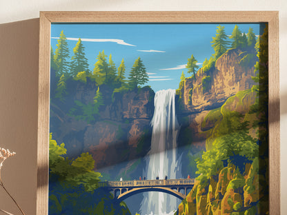 A framed poster depicting a waterfall cascading between forested cliffs, with a bridge spanning the scene under a clear blue sky.