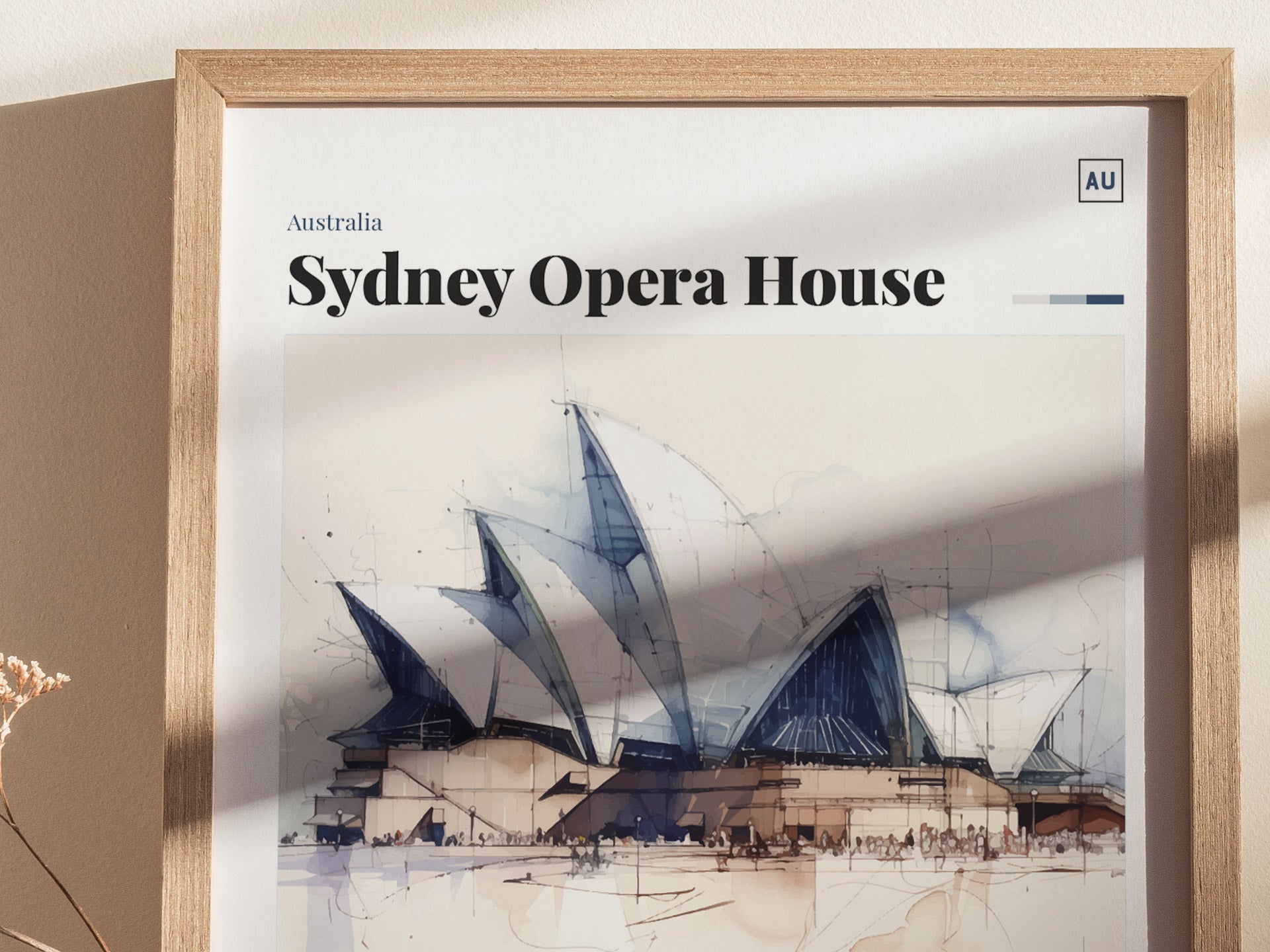 Framed poster of the Sydney Opera House with watercolor illustration, featuring its iconic sail-shaped shells against a white background. Shadows cast across the artwork, adding depth and contrast.