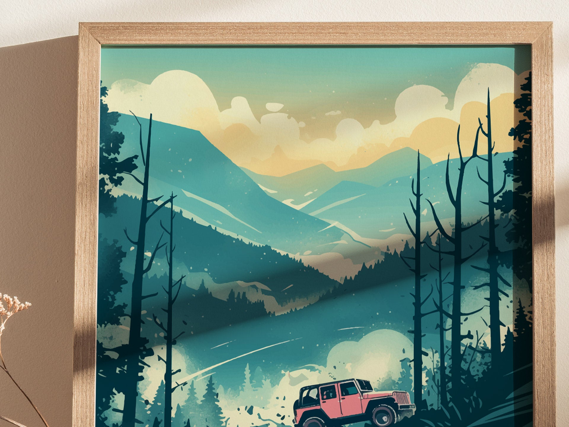 A framed poster depicts a vibrant pink jeep navigating through the misty, mountainous landscape of the Great Smoky Mountains. Tall trees and layered hills create a serene, adventurous atmosphere under a softly glowing sky.