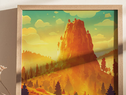 A framed poster depicts a stylized, vibrant landscape of a towering granite rock surrounded by pine trees under a sky with fluffy clouds, capturing a sunset glow.
