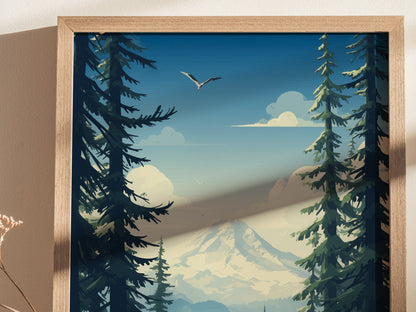 A framed poster features a scenic illustration of a mountain landscape with tall evergreen trees and a bird soaring in the blue sky, creating a tranquil outdoor vibe.