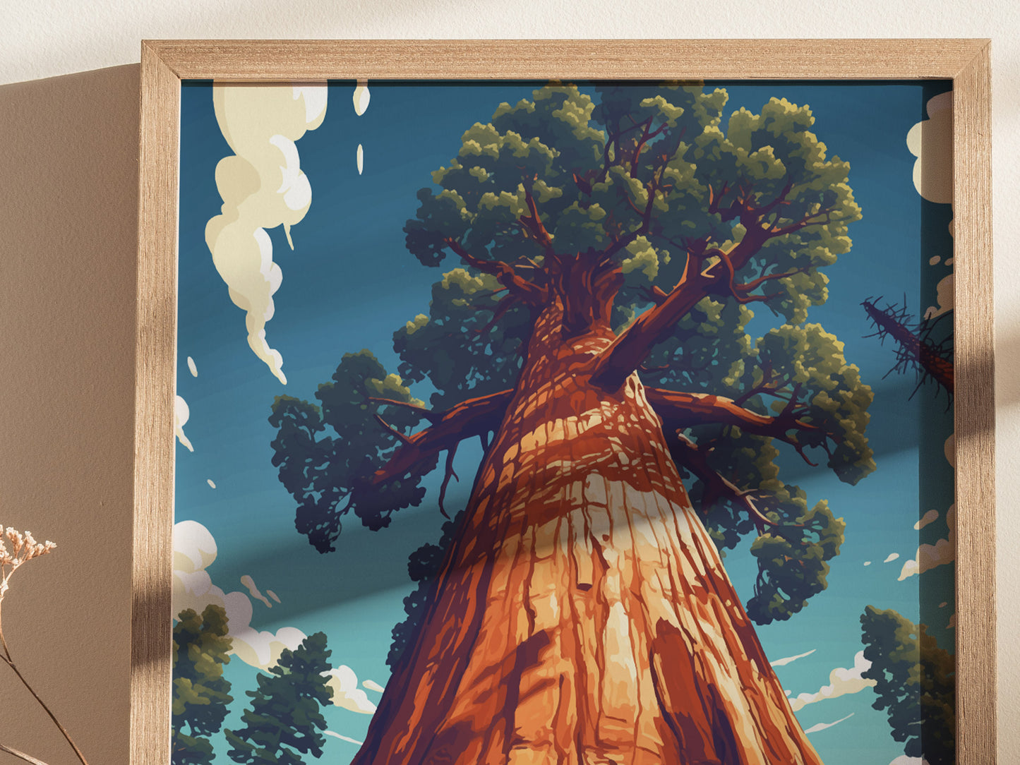 Illustration of a towering tree with lush green foliage against a blue sky, framed in light wood. White clouds float in the background, enhancing the natural scenes grandeur.