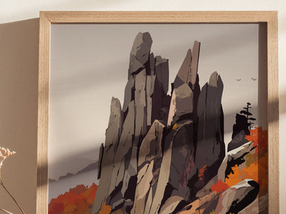 Framed poster depicting dramatic rock formations with autumn foliage and a few birds in the sky, set against a muted background. The artwork features sharp, towering peaks and vibrant colors.