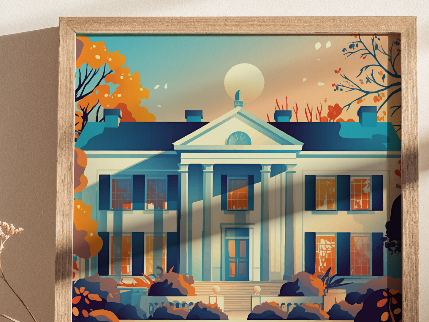 Illustration of a classic mansion with tall columns, surrounded by colorful autumn trees. The artwork is framed with a wooden border, creating a warm and inviting ambiance.