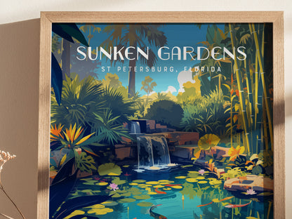 Framed artwork depicting a lush tropical scene with a koi pond and cascading waterfall, surrounded by vibrant foliage. Text reads Sunken Gardens, St Petersburg, Florida.
