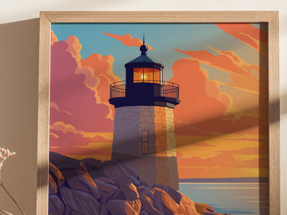 Framed artwork depicting a lighthouse at sunset, with vibrant orange and pink clouds in the sky and rocky cliffs in the foreground. The scene is warm and picturesque.