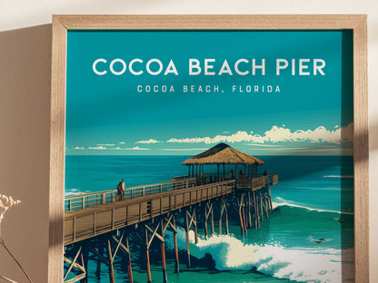 A framed poster featuring the Cocoa Beach Pier, with a thatched-roof pavilion over the ocean and surfers riding waves below, set against a vibrant blue sky.