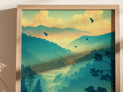 A framed poster depicting a serene landscape with layered hills, vibrant green and yellow hues, silhouetted birds, and a few trees in the foreground.