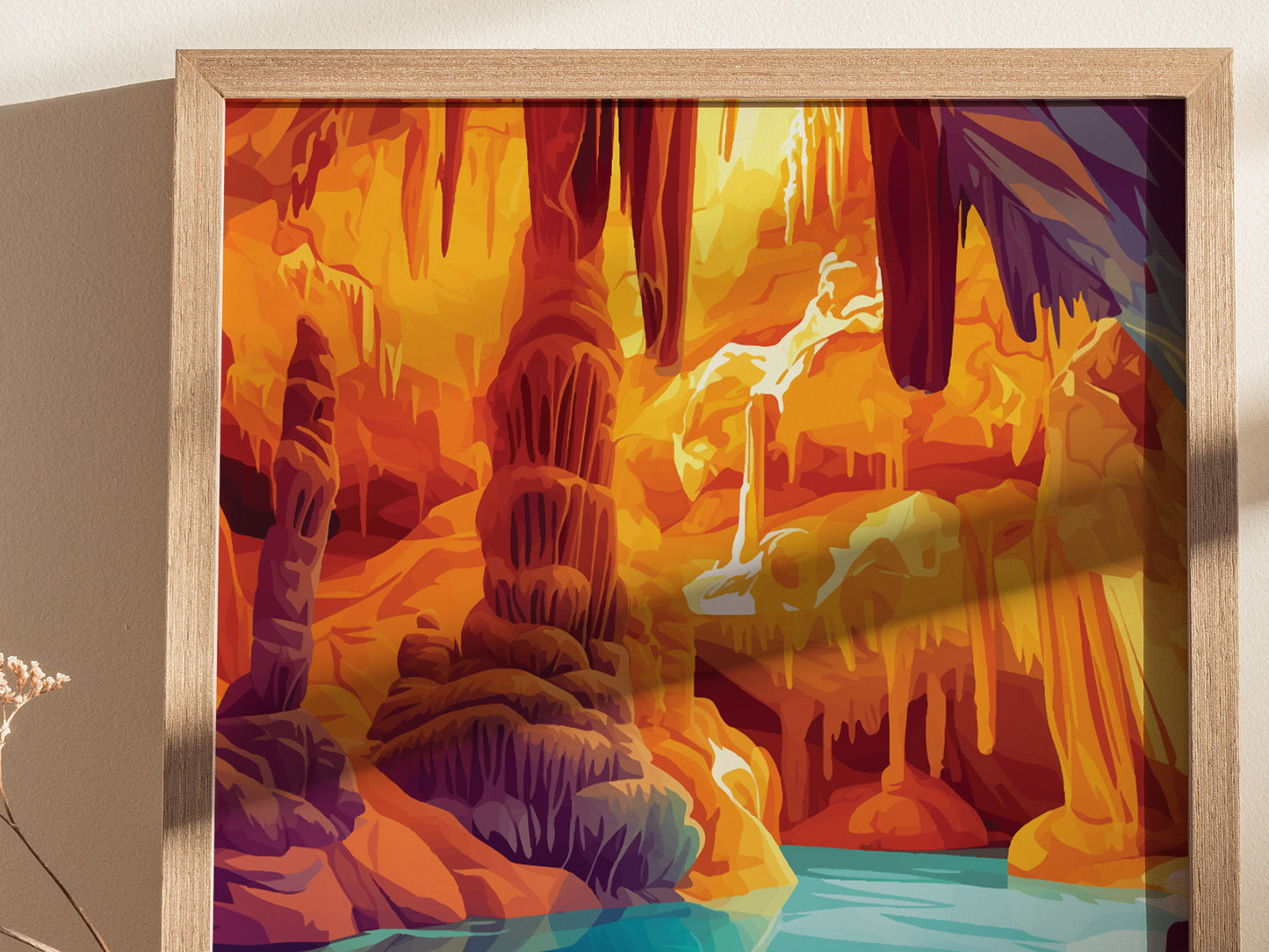 Brightly colored poster featuring stylized cave formations with vivid orange and purple hues, showcasing stalactites, stalagmites, and a serene turquoise pool, framed in light wood.