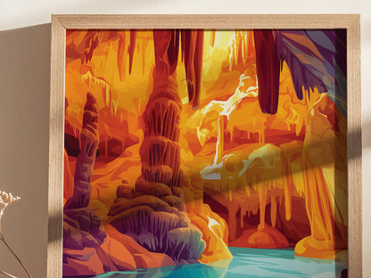 Brightly colored poster featuring stylized cave formations with vivid orange and purple hues, showcasing stalactites, stalagmites, and a serene turquoise pool, framed in light wood.