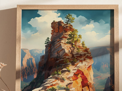 A framed art print depicts a dramatic sandstone ridge with trees, resembling a scene from Zion National Park. The sky is bright with scattered clouds, enhancing the vibrant landscape.