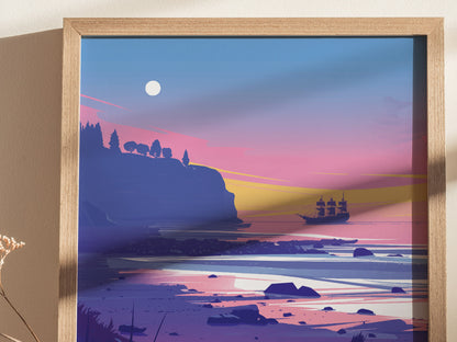 A framed poster depicts a sunset over a rocky coastline with a silhouette of a pirate ship and cliffs, set against a vibrant pink and blue sky.