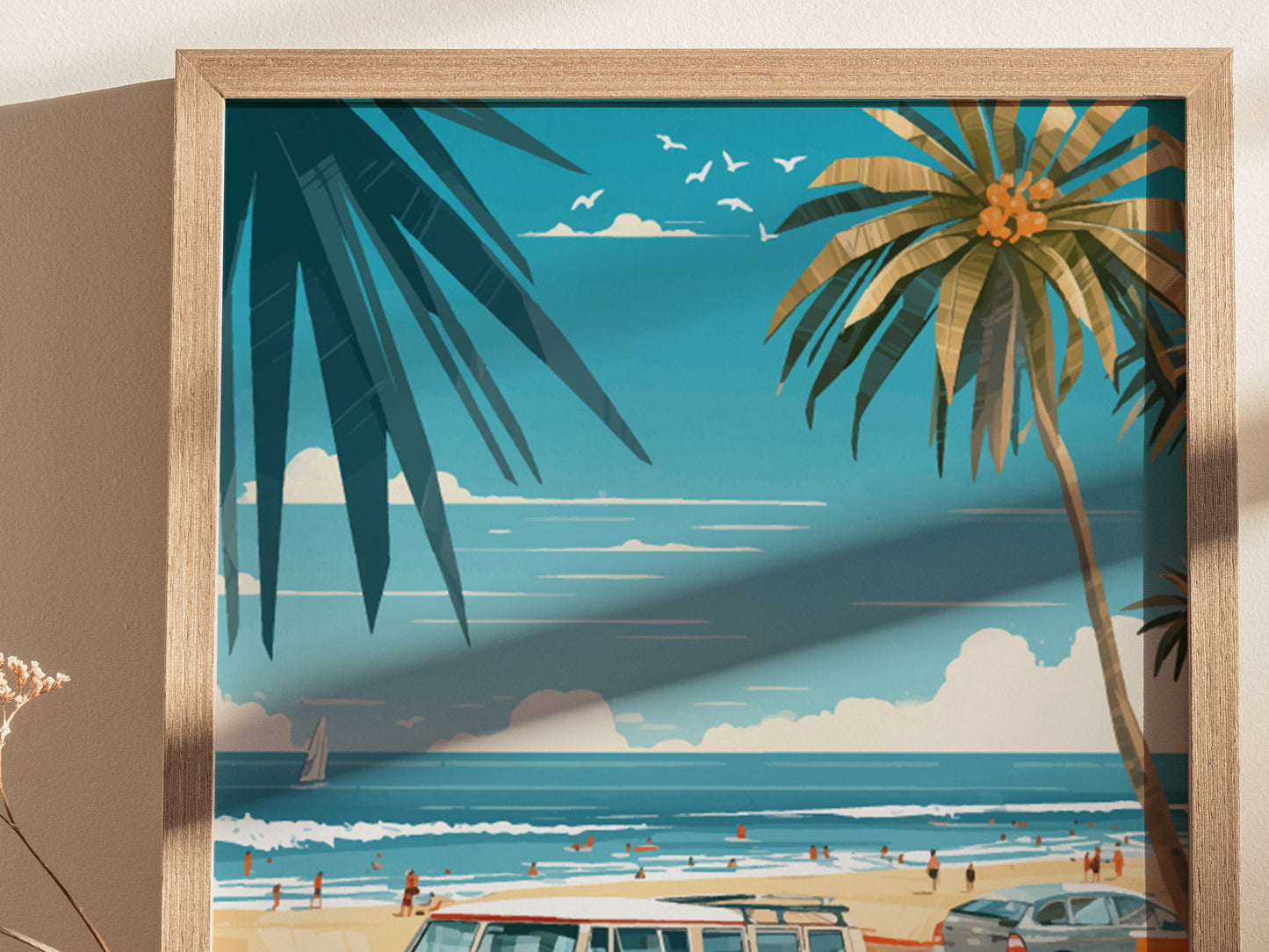 A framed illustration shows a sunny beach scene with palm trees, a vintage car, and people on the sandy shore, set against a blue sky and ocean waves.