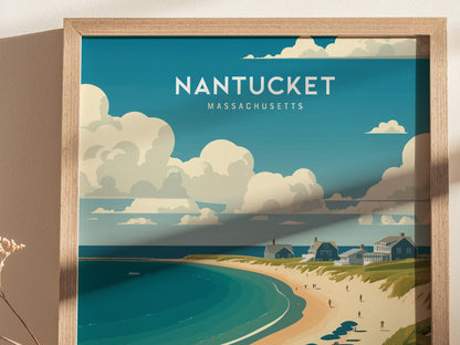 A framed poster of Nantucket, Massachusetts, depicting a coastal scene with a sandy beach, ocean waves, and quaint cottages under a cloud-filled sky.