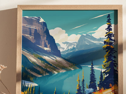 A vibrant poster depicts a scenic landscape with towering mountains, turquoise lake, and lush foliage in Glacier National Park. The artwork is framed in a light wooden frame.