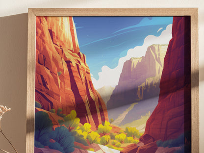 Framed artwork depicting a vibrant canyon scene with towering red cliffs, lush green foliage, and a bright blue sky. The illustration captures the essence of a serene natural landscape.