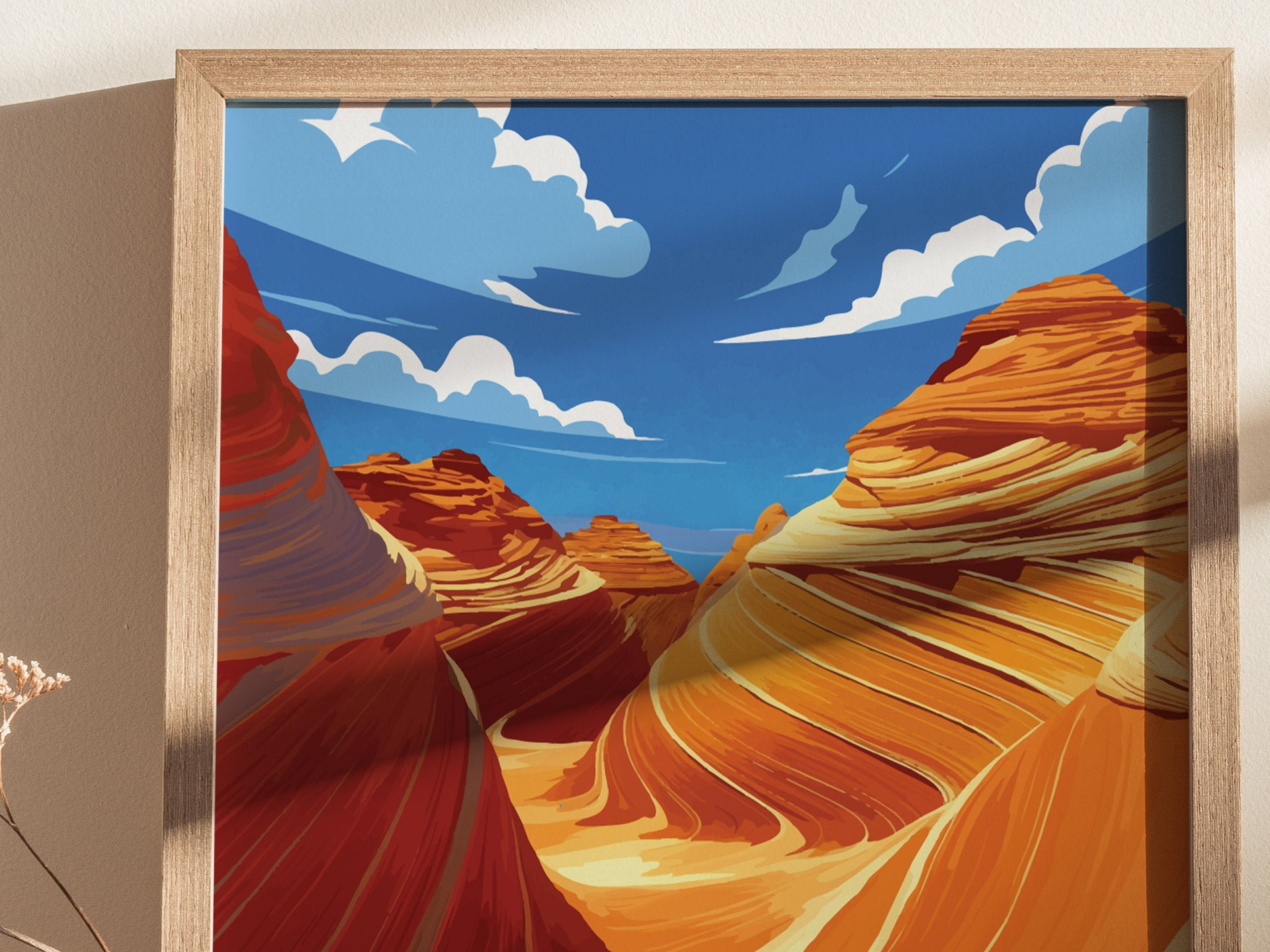 A framed poster depicting vibrant swirling sandstone formations under a bright blue sky with white clouds.