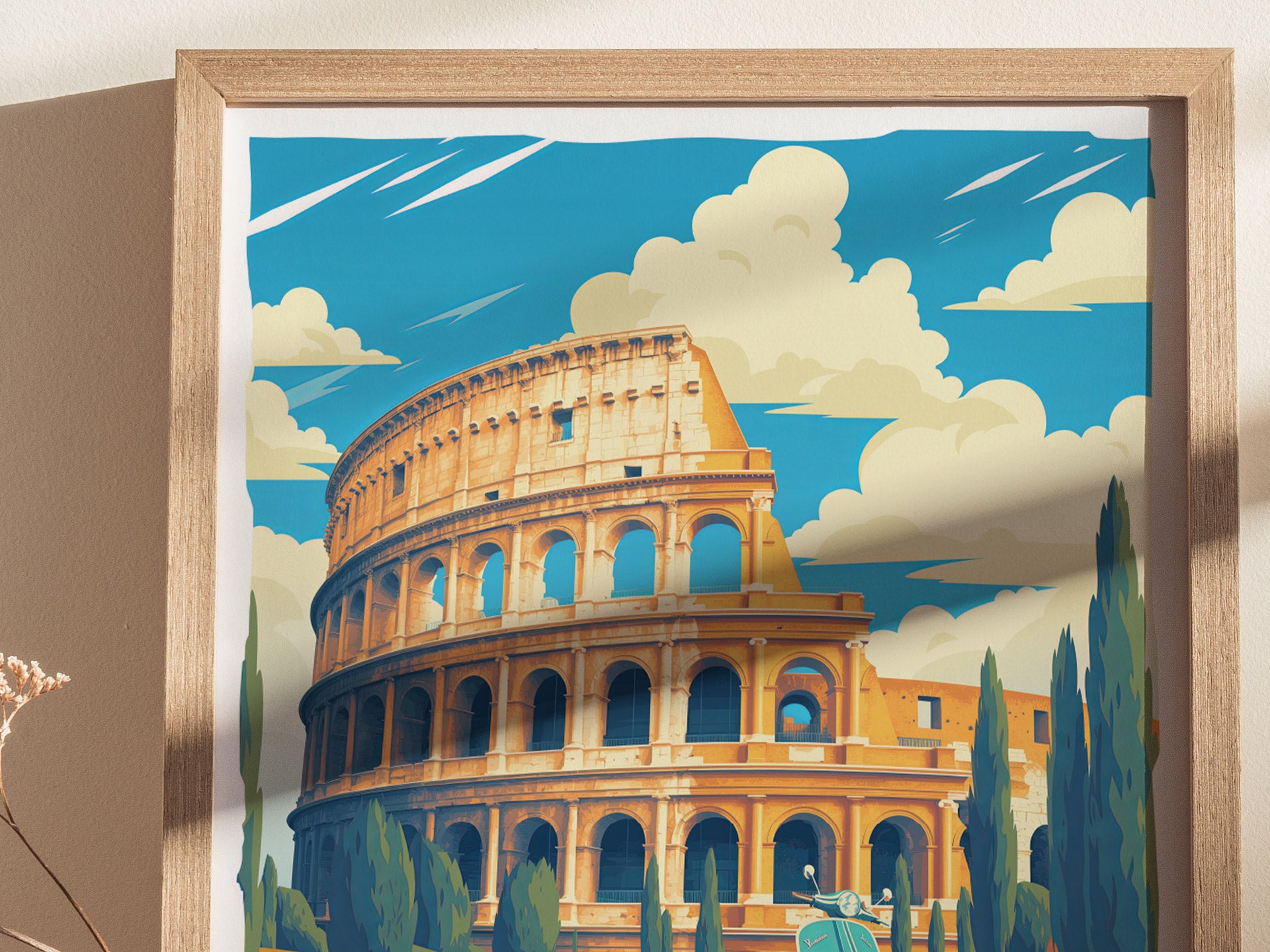 Rome Travel Poster | Vintage Colosseum & Vespa Italy Art Gift