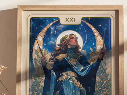 Interior view showing framed and unframed wall art posters depicting a crowned figure in a starry night sky.