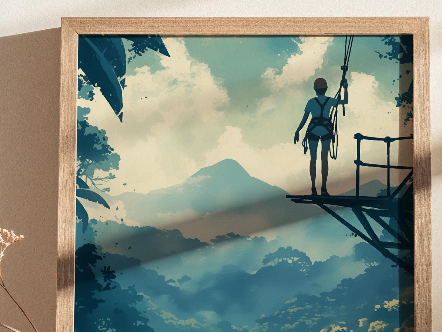 A person stands on a zipline platform overlooking a lush rainforest and a distant mountain under a cloudy sky, captured in a framed artwork.