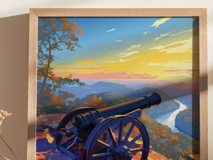 A framed illustration depicts a cannon overlooking a scenic sunset view of mountains and a winding river, with colorful foliage and a vibrant sky.