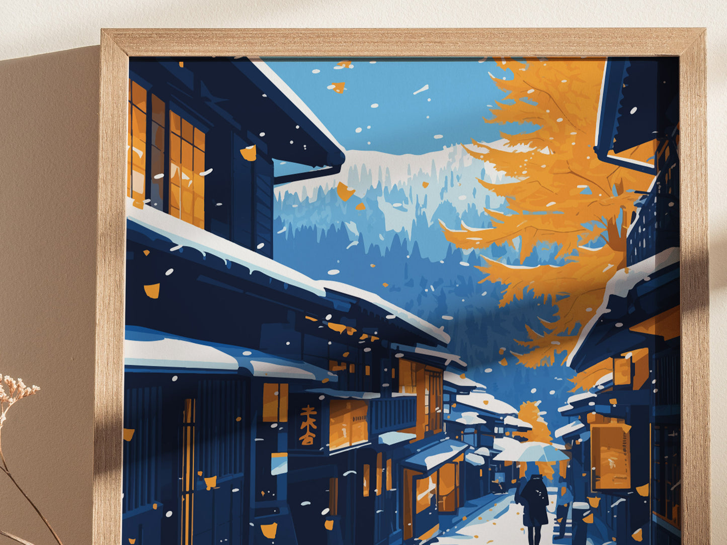 Illustration of a snowy Edo-era street in Takayama, Japan, featuring traditional wooden buildings, orange foliage, and a person with an umbrella. The Japanese Alps are visible in the background.