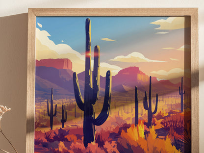 Saguaro National Park Poster | Arizona Desert Art | Sonoran Cacti Landscape