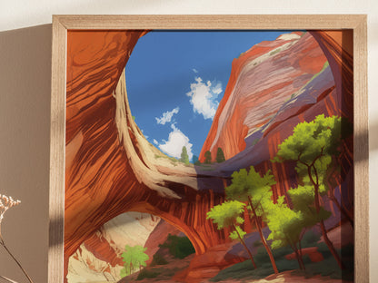 A vibrant poster depicts Coyote Gulch with dramatic red canyon walls, lush green trees, and a bright blue sky, framed in light wood.