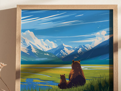 Illustration of two brown bears sitting on grassy terrain, overlooking a serene landscape with snow-capped mountains and a clear blue sky. The artwork is framed in a light wooden border.