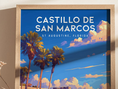 Framed poster of Castillo de San Marcos in St. Augustine, Florida, featuring palm trees against a vibrant blue sky with colorful clouds.