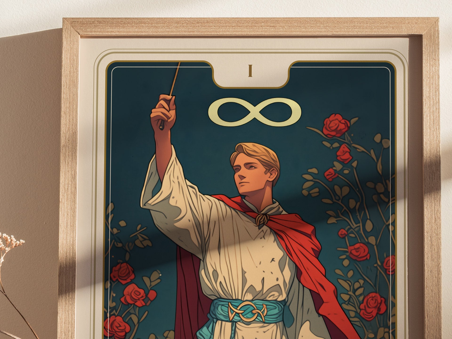 A framed tarot poster depicting a confident figure with a wand, wearing a red cloak, surrounded by roses, and an infinity symbol overhead, against a dark background.