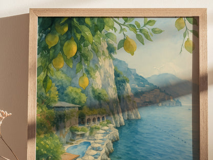 Amalfi Coast Italy Watercolor Travel Print | Hotel Santa Caterina Wall Art Poster | Framed or Unframed