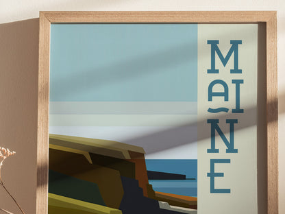 A minimalist poster features stylized rocky cliffs and a blue sea under a pale sky, with the word MAINE vertically aligned on the side in bold typography.