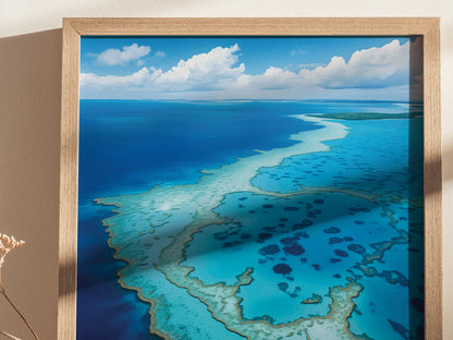 A framed art print depicts the Great Barrier Reef, showcasing vibrant turquoise waters and intricate coral formations under a partly cloudy sky. The artwork is displayed against a neutral wall.