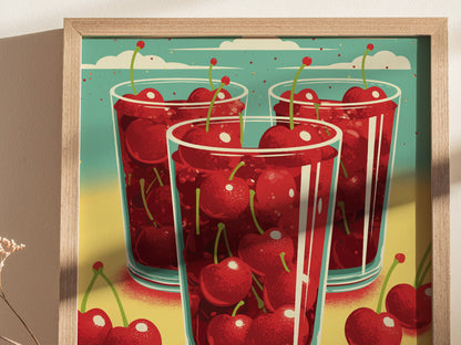 Framed poster featuring three glasses filled with vibrant red cherries against a colorful background with clouds. The artwork is bright and modern, capturing a festive, summery vibe.