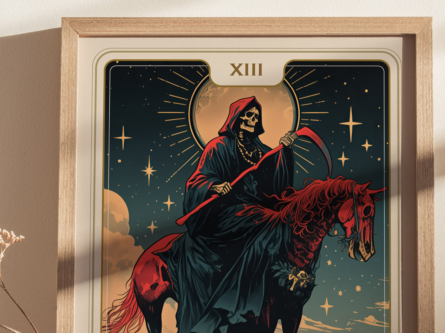 The image shows a framed Art Nouveau poster featuring the Death tarot card, depicting a skeletal rider on a red horse beneath a starry sky.