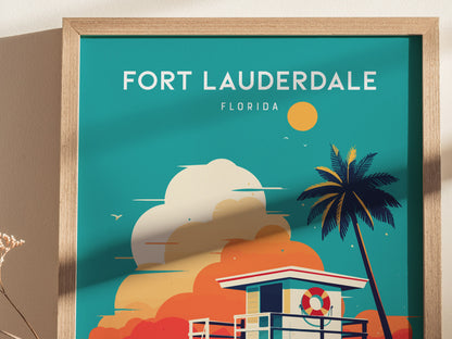 A framed poster featuring a stylized Fort Lauderdale beach scene with a lifeguard stand, palm tree, and vibrant sky. Bold text reads Fort Lauderdale, Florida at the top.