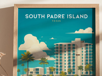 A framed South Padre Island poster features a modern beachfront building, palm trees, and a clear blue sky with fluffy clouds. Bold text reads SOUTH PADRE ISLAND, TEXAS.