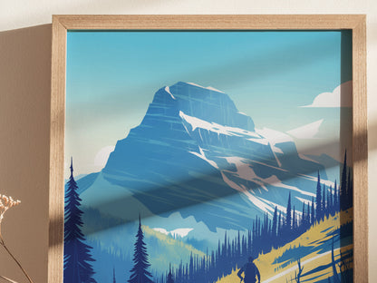Framed artwork depicts a stylized mountain landscape with a prominent peak, surrounded by pine trees and a hiker silhouette in the foreground, under a clear blue sky.