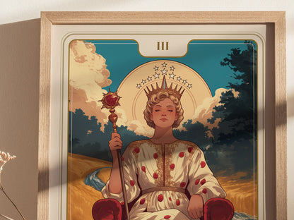 A framed Empress Tarot card illustration shows a serene woman in a star-crowned headdress, seated with a scepter amidst a lush landscape of golden fields and cloudy skies.