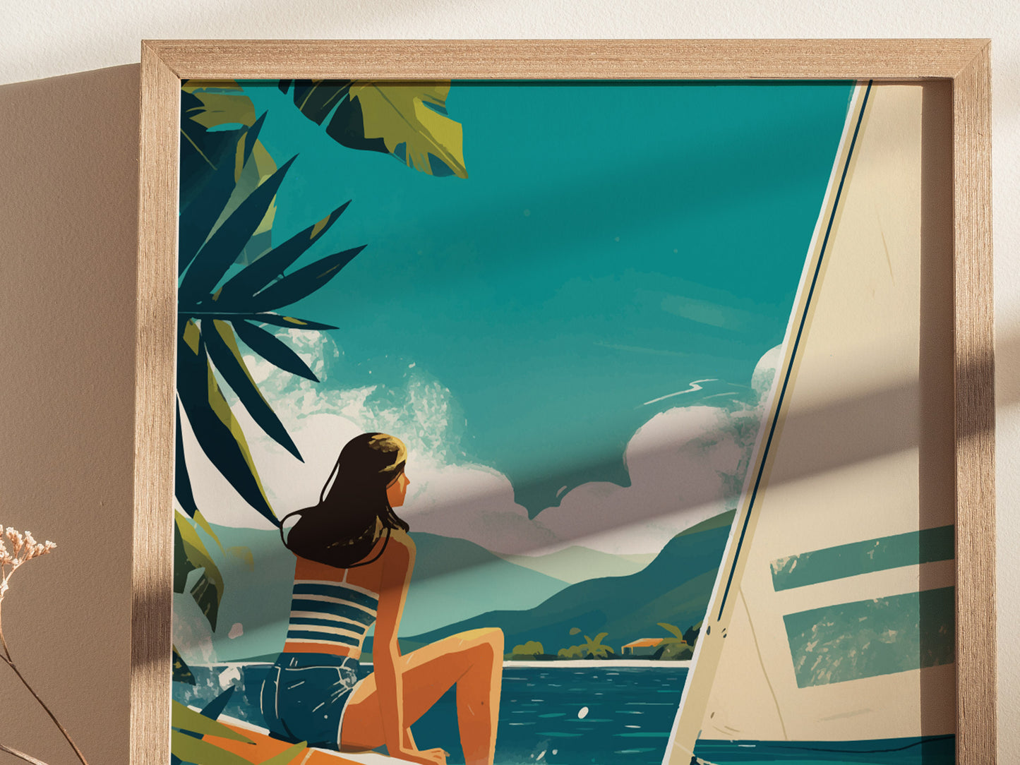 A woman in a striped outfit sits on a sailboat, gazing at turquoise waters and distant hills under a clear sky, surrounded by tropical foliage.