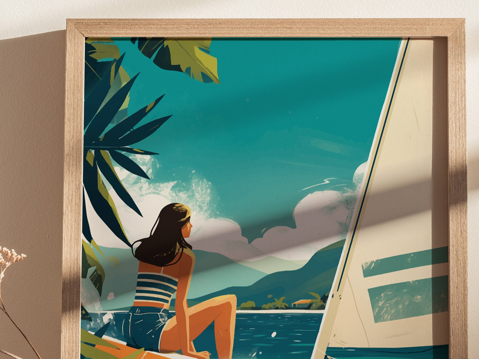 A woman in a striped outfit sits on a sailboat, gazing at turquoise waters and distant hills under a clear sky, surrounded by tropical foliage.